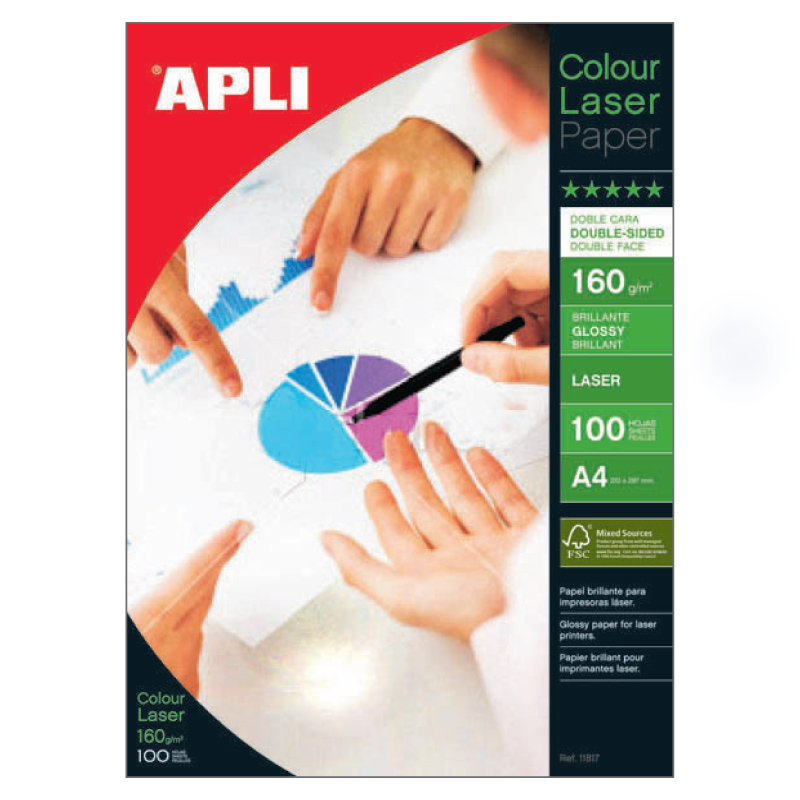 Papīrs APLI Colour Laser Glossy A4 160g/m2, divpusīgs, 100 loksnes/iepakojumā