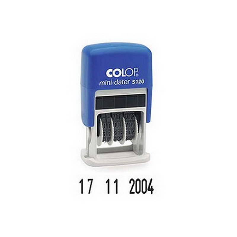 Zīmogs COLOP Datumu numerators S120 Mini-Dater 03(ciparu DD. MM. YYYY),zils korpuss melns spilventiņš